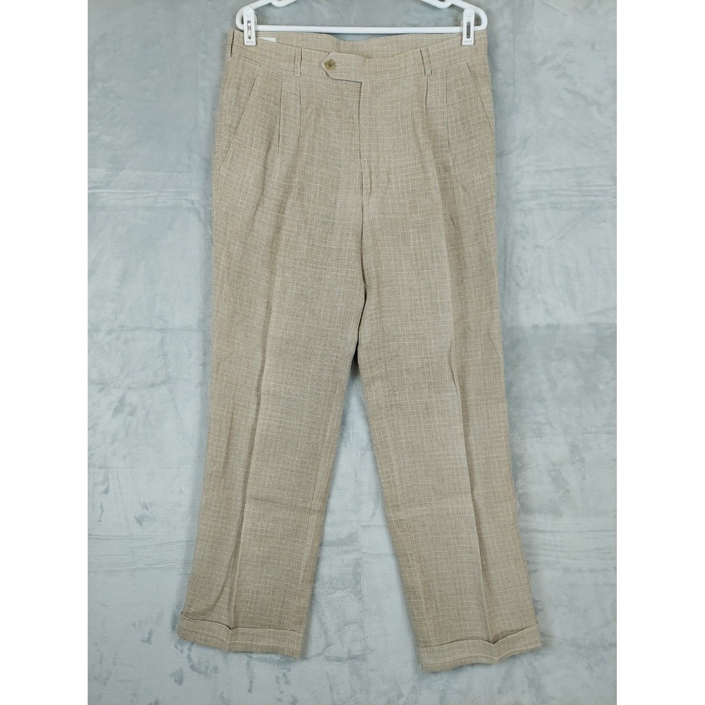 Bachrach Mens 34x31 Beige Chino Dress Pants Pleated‎ Cuffed Plaid Check Grampa